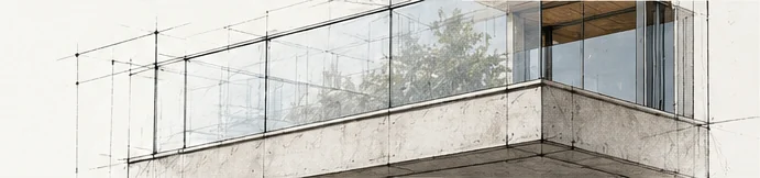 Baranda de vidrio en balcón, mitad foto y mitad dibujo técnico