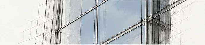 Fachada de piel de vidrio, mitad foto y mitad dibujo técnico