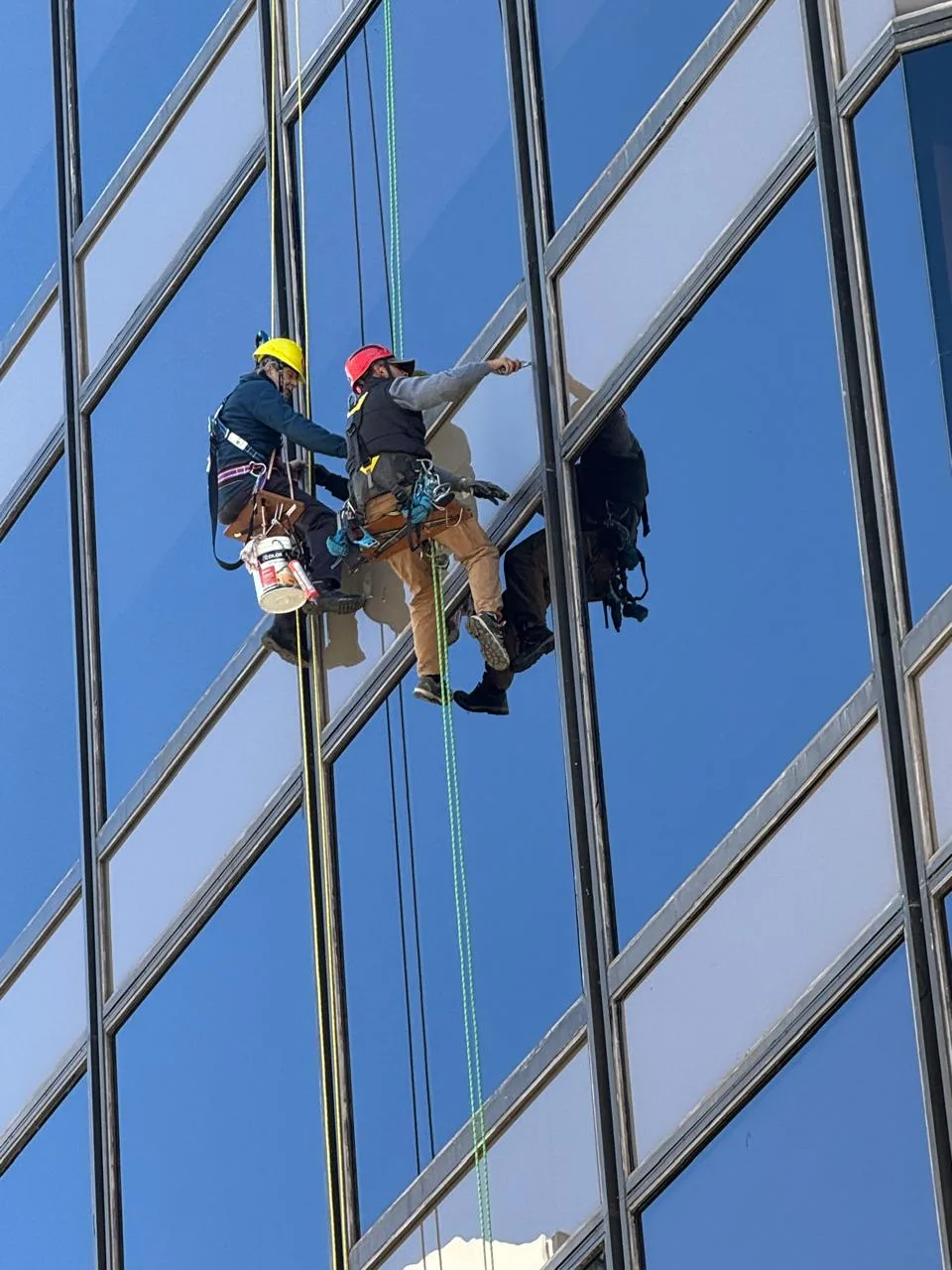 Operarios limpiando una fachada vidriada colgados en altura